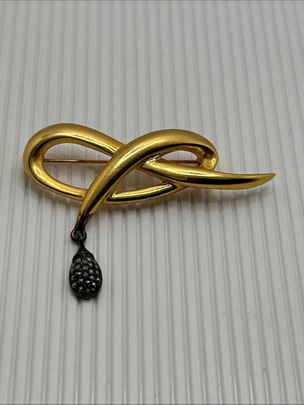 Judith Jack Gold Ribbon Brooch with Black Pave Sterling Drop